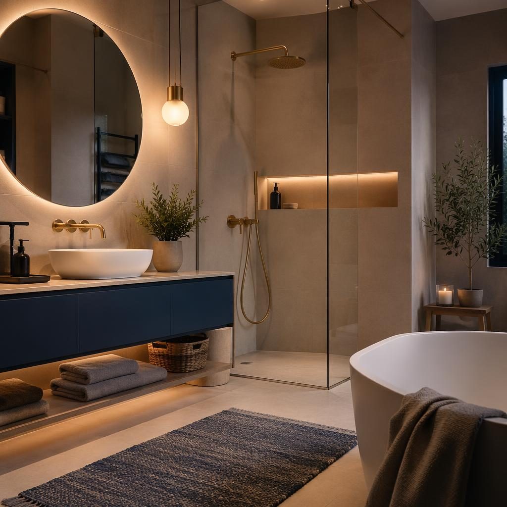 Skandinavisches Badezimmer mit blauer und messingfarbener Palette, warmem Abendlicht, Holz, Pflanzen und Textilien