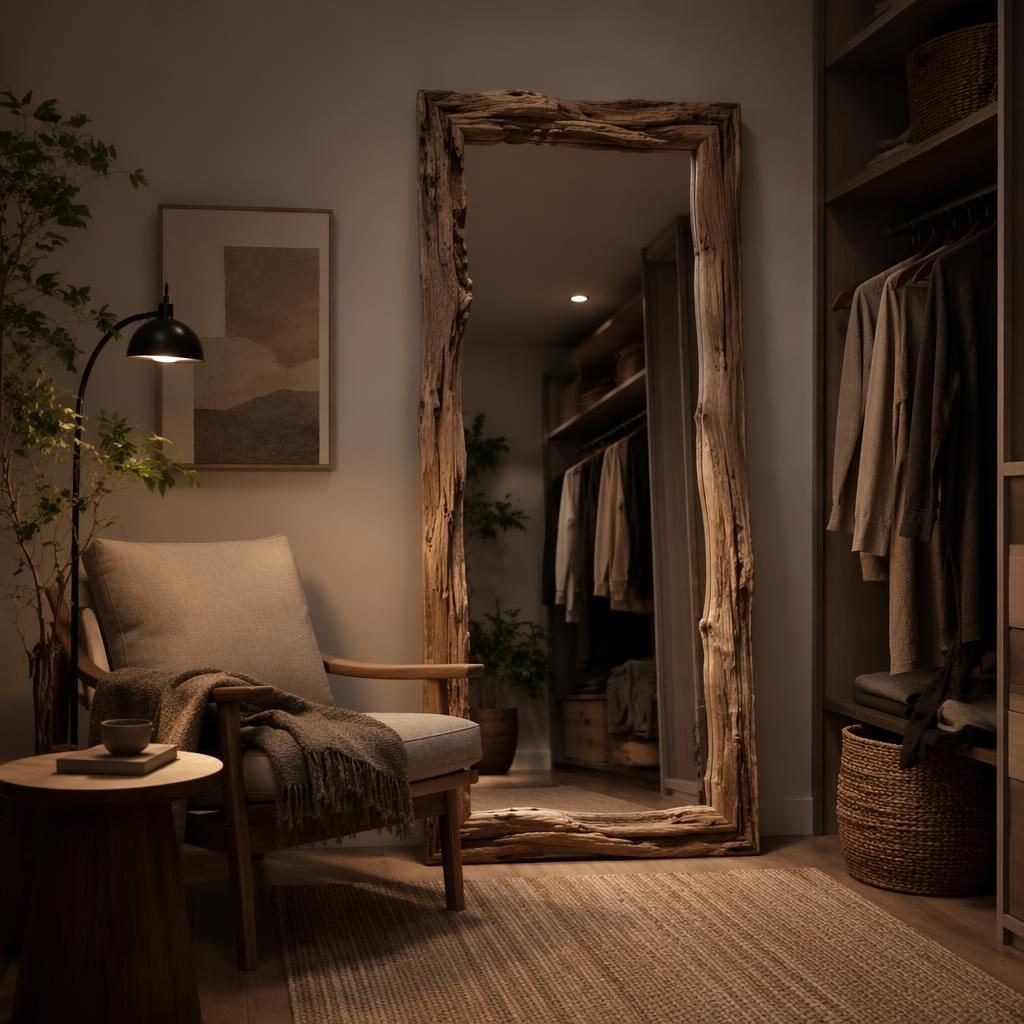 Wabi-sabi walk-in closet with a Scandinavian reading nook, earth-tone decor, natural materials, plants, textiles, and mirror.
