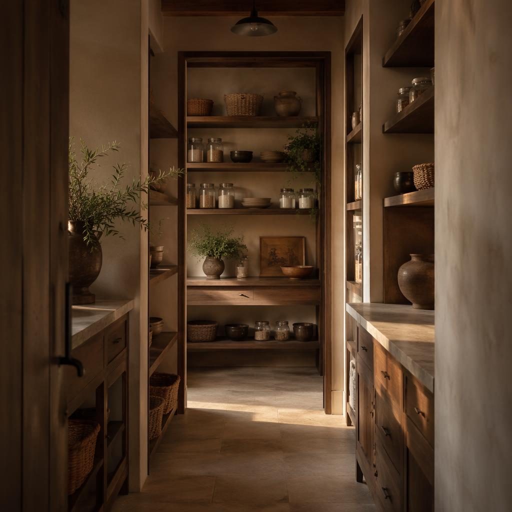 Realistic walk-in pantry interior with wabi-sabi rustic decor, warm neutral tones, natural wood shelving, plants, art, and textiles