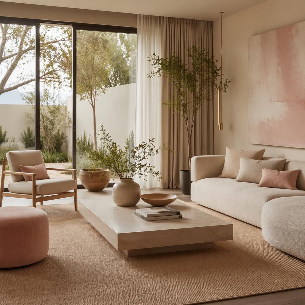 Sala de estar estilo japandi en beige y rosa pastel, con luz natural, muebles contemporáneos, textiles, arte y plantas.