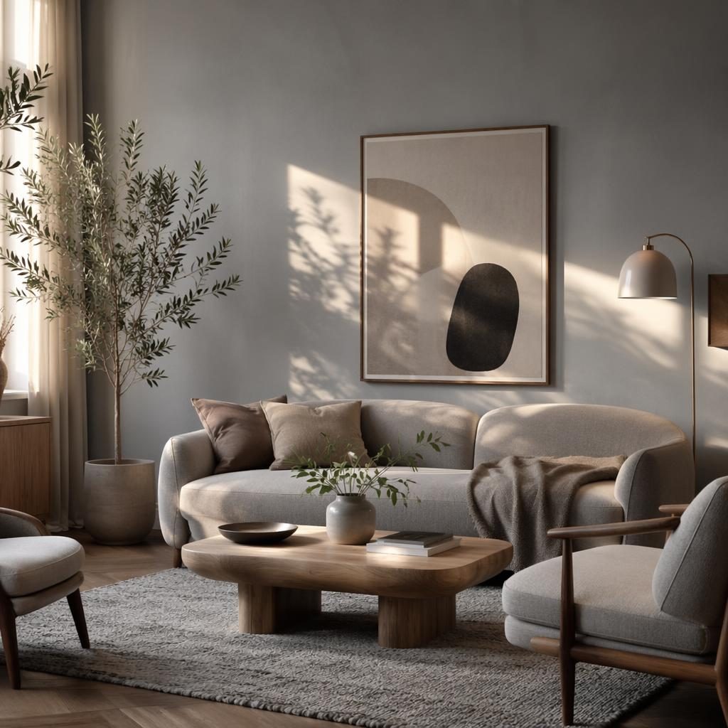Salón escandinavo con paleta gris fría, luz dorada, muebles de madera, plantas, arte textil y ambiente sereno.