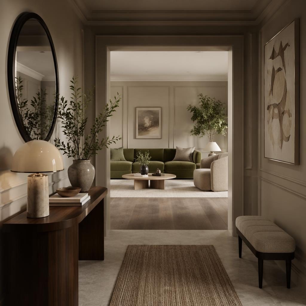 Baño spa contemporáneo de lujo en tonos salvia y crema, con materiales naturales, plantas, textiles y luz difusa