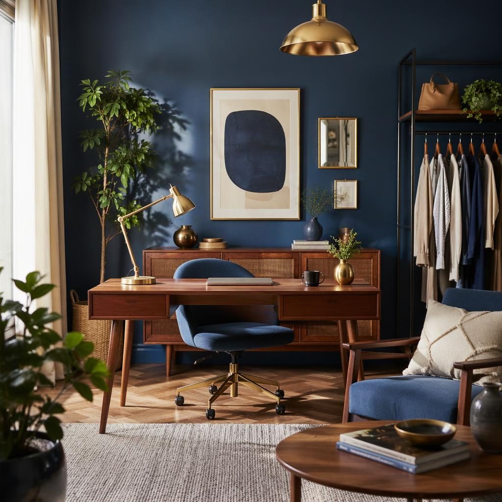 Interior de oficina en casa escandinava, paleta azul y latón, luz suave, madera, plantas, arte y textiles.