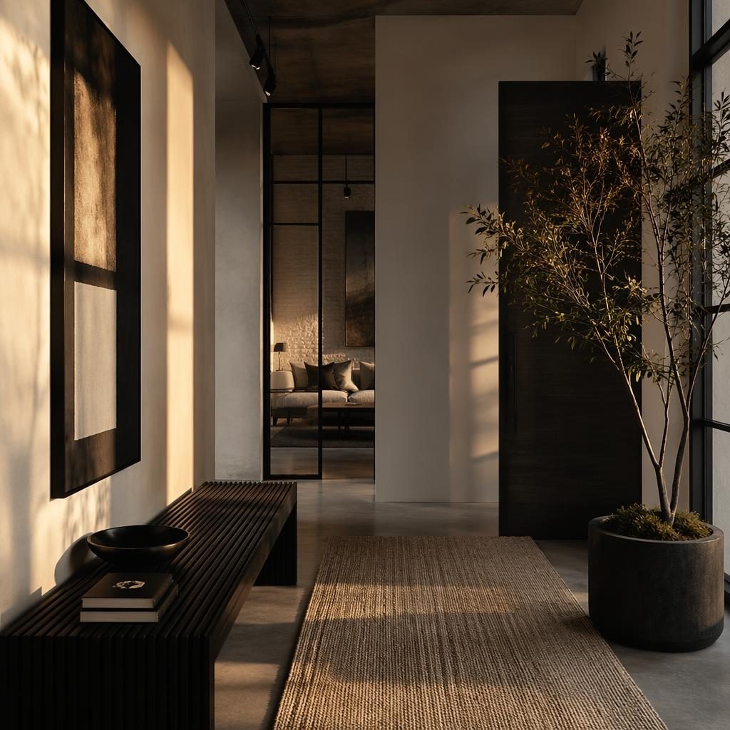 Japandi-Eingangsbereich im Industrial-Loft in Schwarz-Weiß mit warmem Abendlicht, Naturmaterialien, Pflanzen und Kunst.
