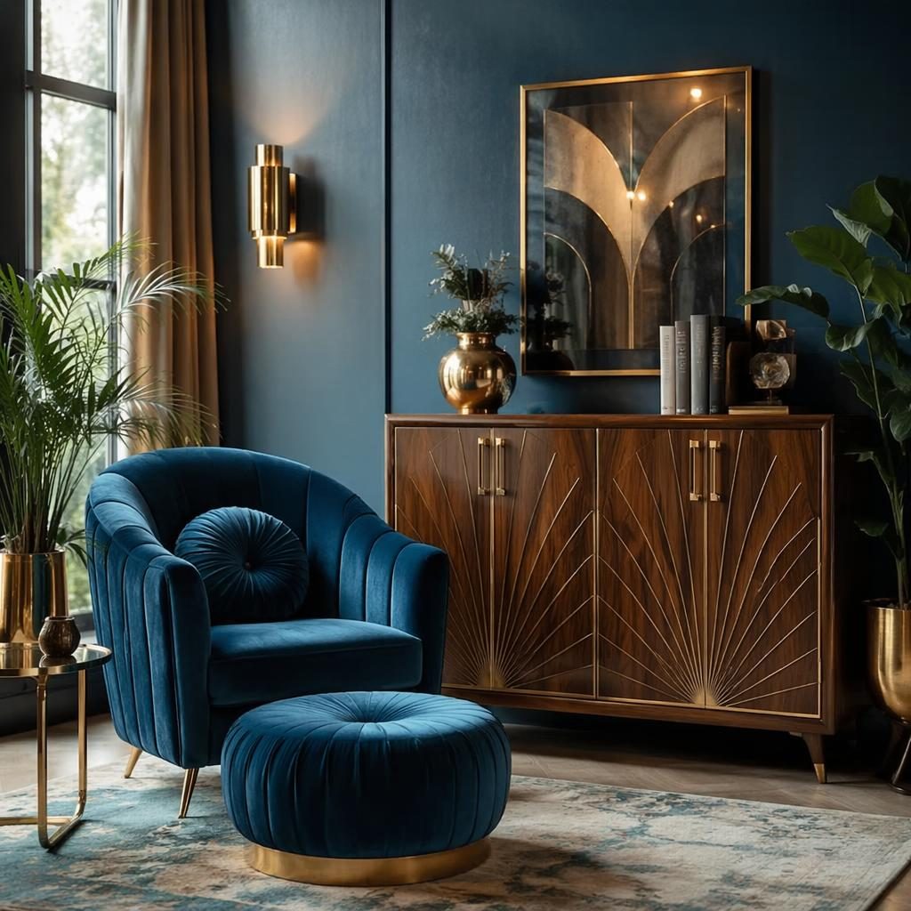 Boho reading nook interior with blue and brass accents, velvet decor, wooden cabinet, plants, art, and soft daylight.