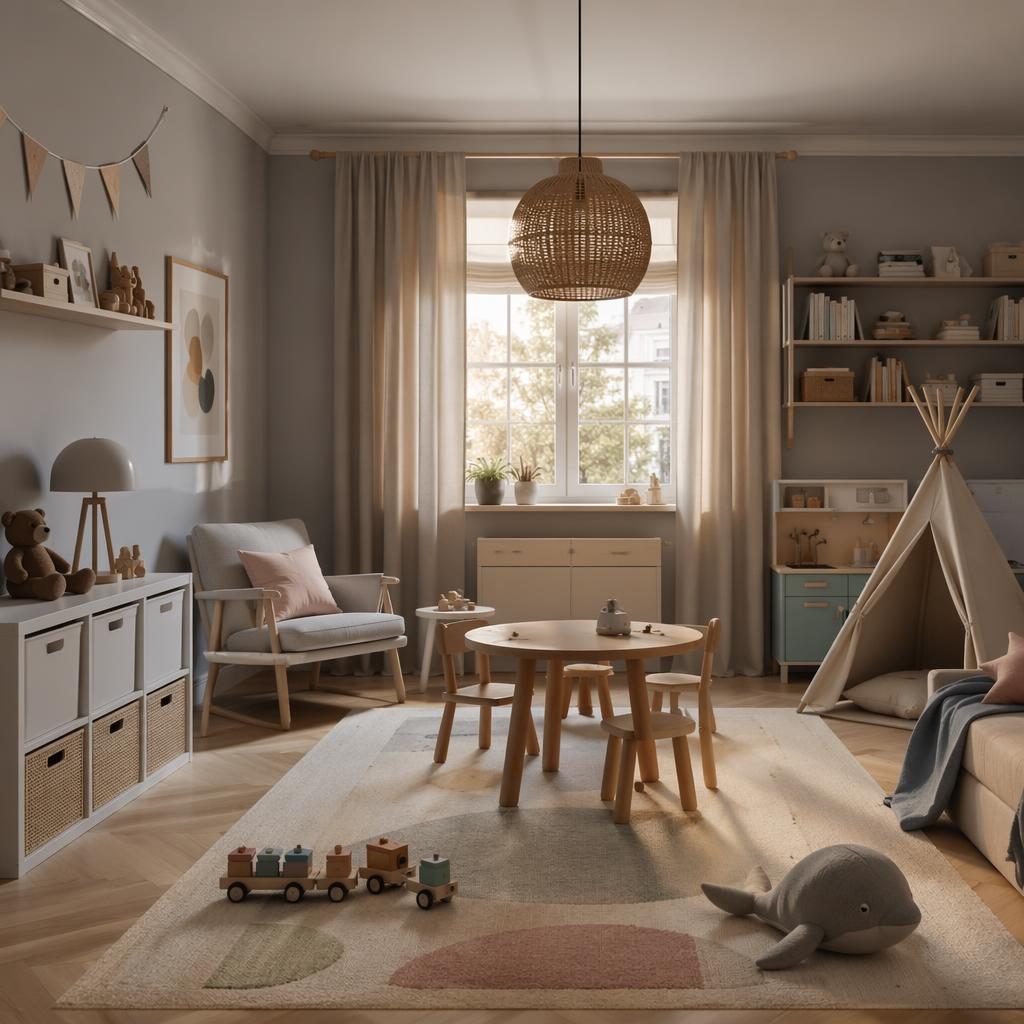 Salle de jeux enfant pastel style scandinave, mobilier doux, plantes, textiles, lumière dorée, rendu photo réaliste