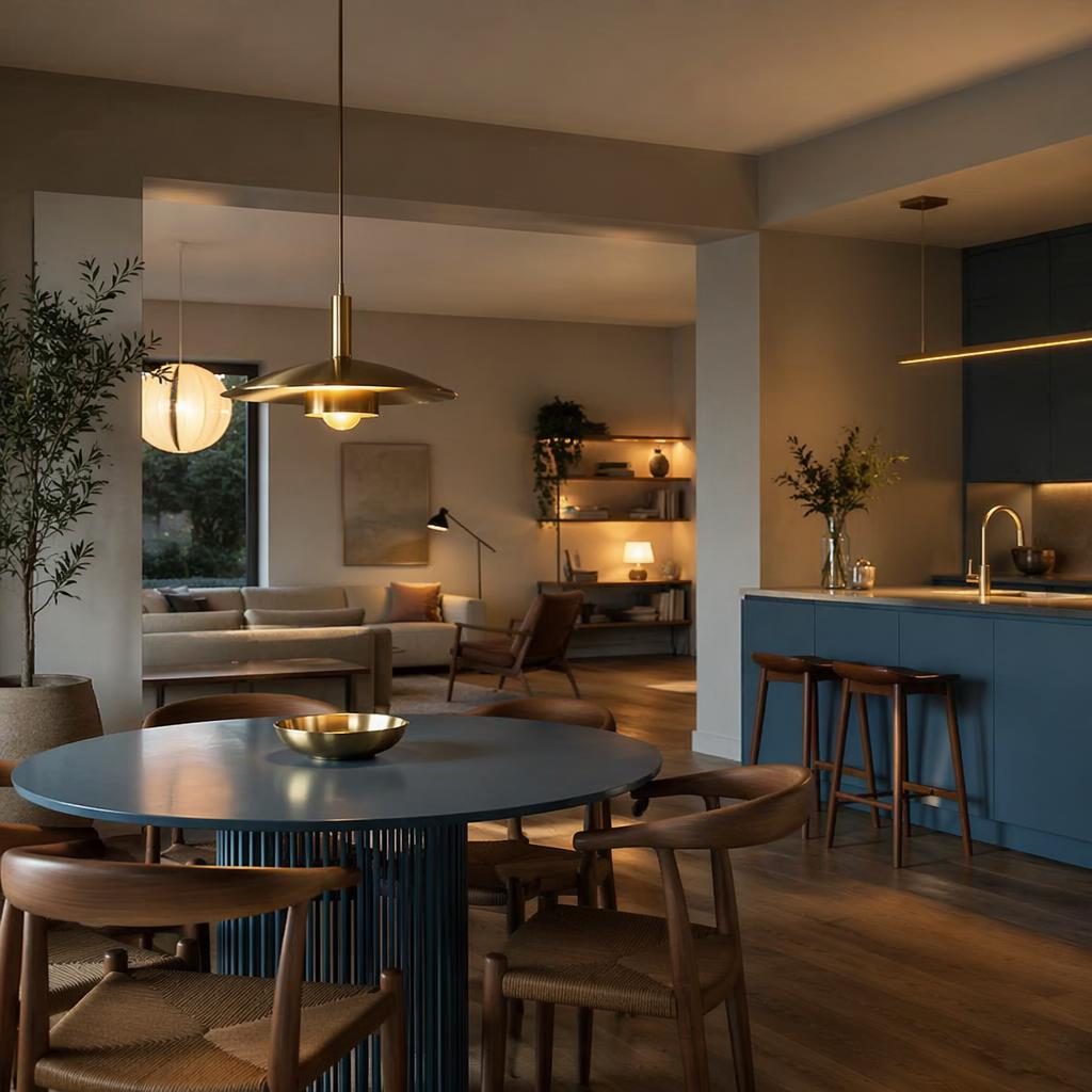 Scandinavian open plan kitchen living dining interior with blue and brass accents, earth tones, plants, art, and warm evening light.