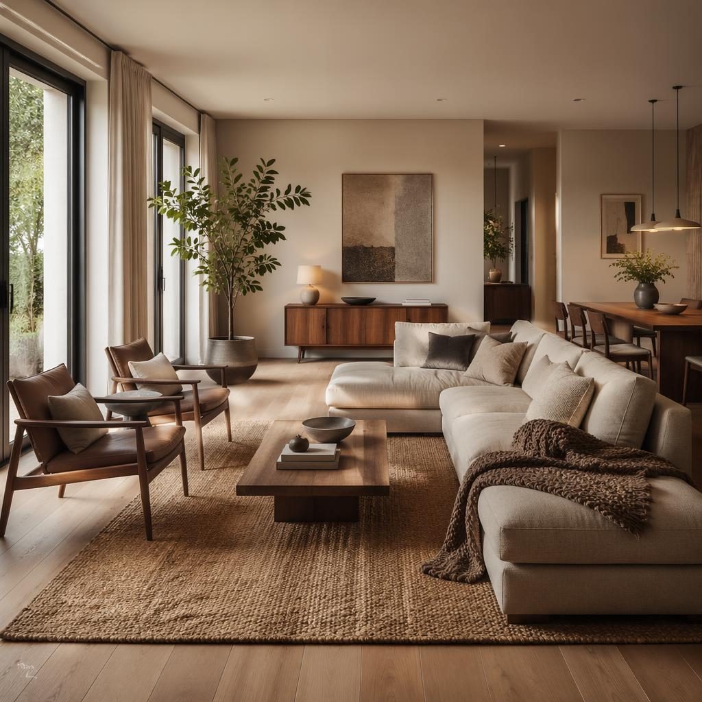 Photorealistic minimalist living room with warm neutral tones, sofa, chairs, coffee table, storage, plants and soft daylight.