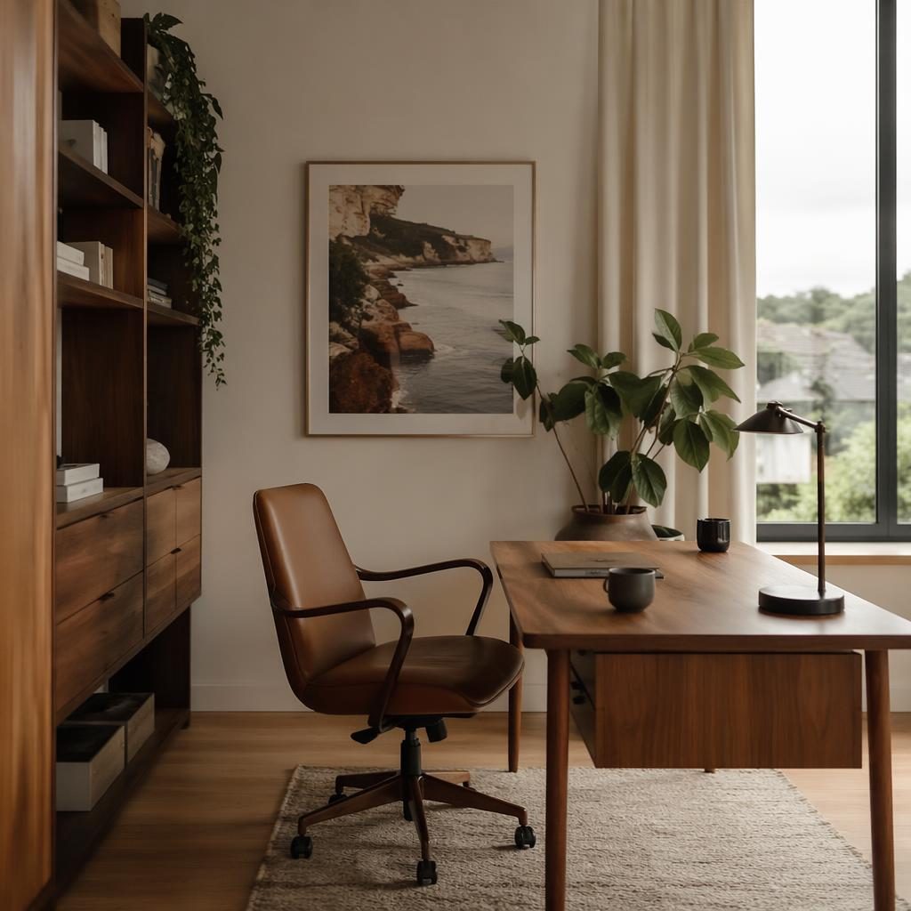 Mid-Century-Homeoffice in warmen Naturtönen mit Leinen, Holz, Pflanzen, Kunst und diffuser Fensterbeleuchtung