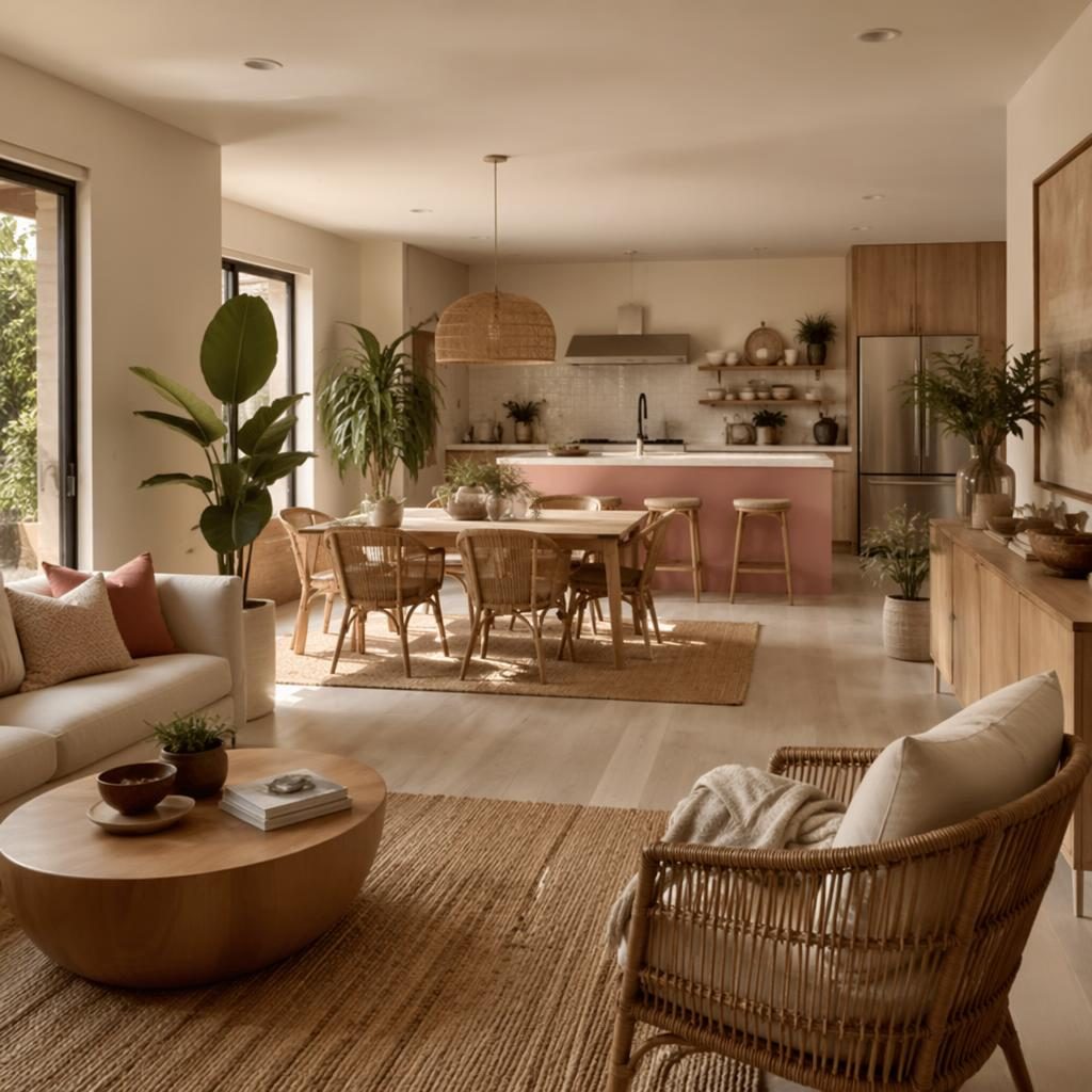 Render fotorealista de interior boho con ratán, tonos rosa pastel y beige, plantas, textiles y luz difusa.