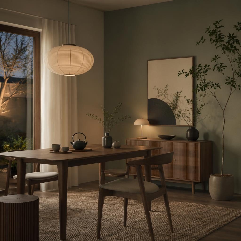 Mid-century japandi tea room dining interior in sage and cream, warm evening light, wood furniture, plants, art, textiles.