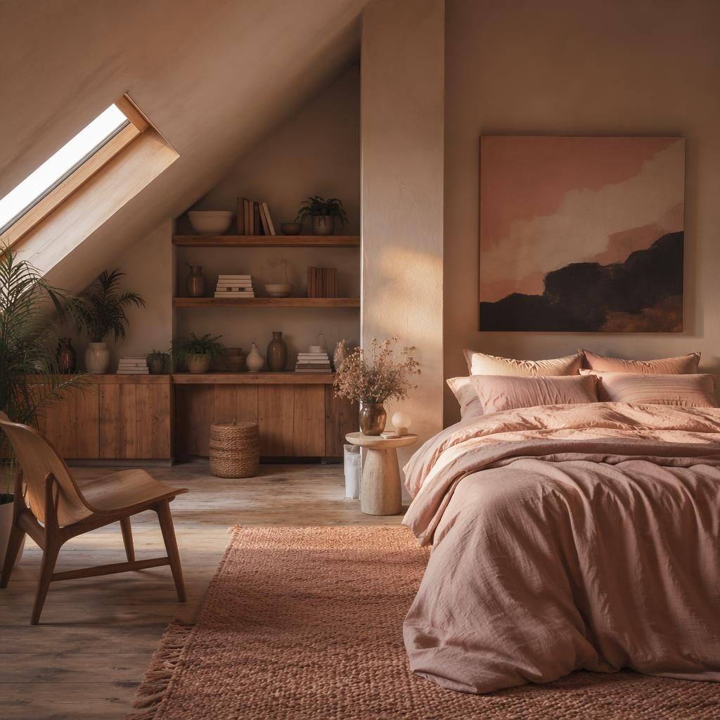 Industrial-Schlafzimmer im Dachgeschoss mit Pastellrosa und Beige, goldener Stunde, Naturmaterialien, Pflanzen und Textilien