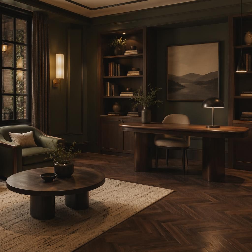 Japandi study interior with sage and cream palette, warm evening light, natural wood furniture, plants, art and textiles