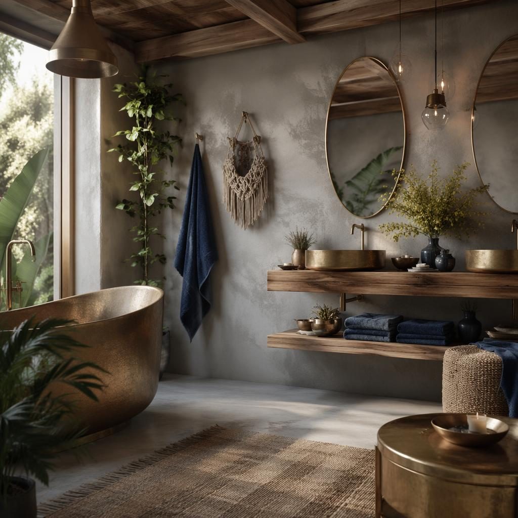 Luxury contemporary spa bathroom with blue and brass accents, natural materials, plants, art, textiles, and soft diffused light.