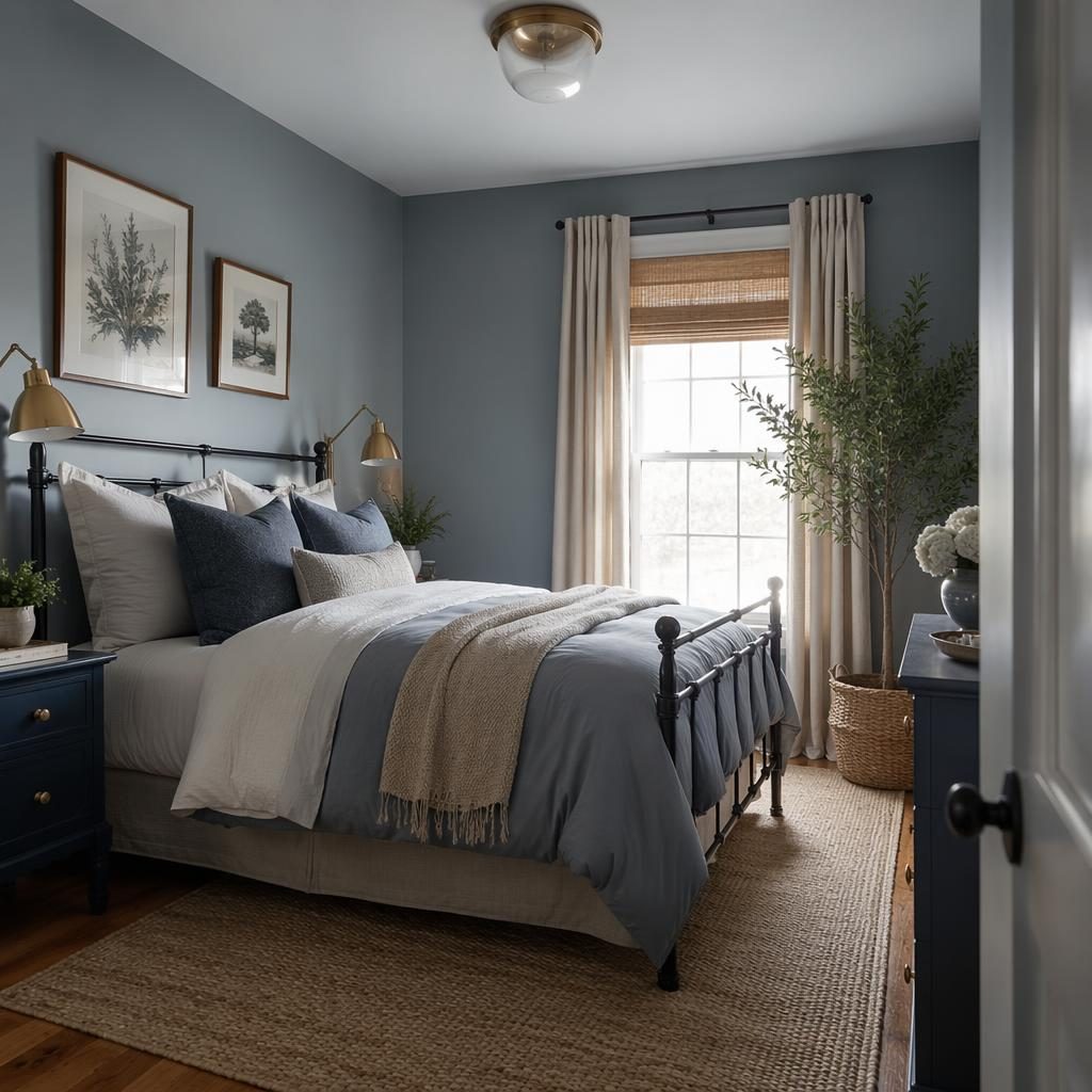 Realistic 10x10 bedroom with farmhouse style, blue and brass accents, natural materials, plants, art and textiles