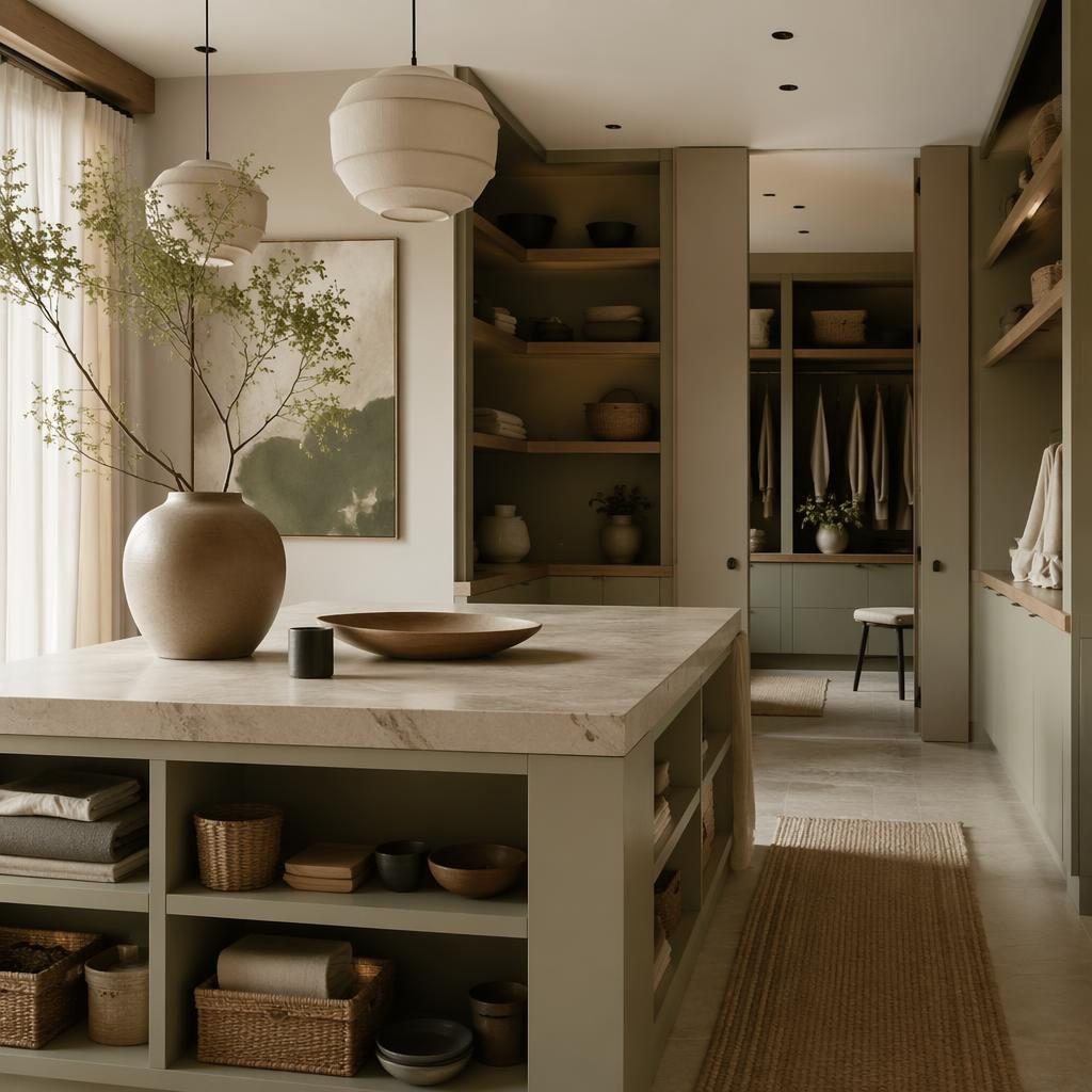 Render realista de cocina con isla japandi, tonos salvia y crema, madera natural, plantas y luz difusa.