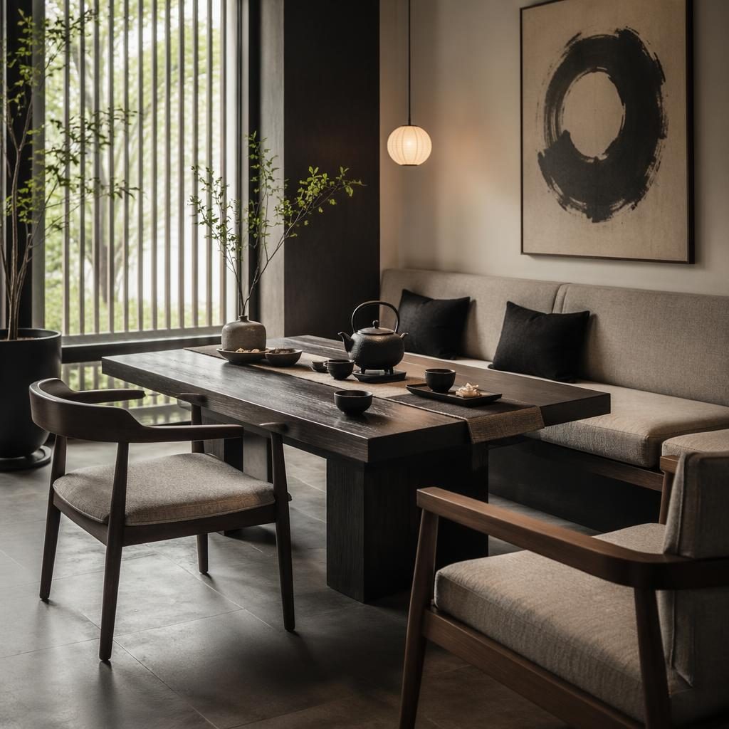 Japandi tea room interior with black and white palette, natural wood furniture, plants, art, textiles, and soft daylight