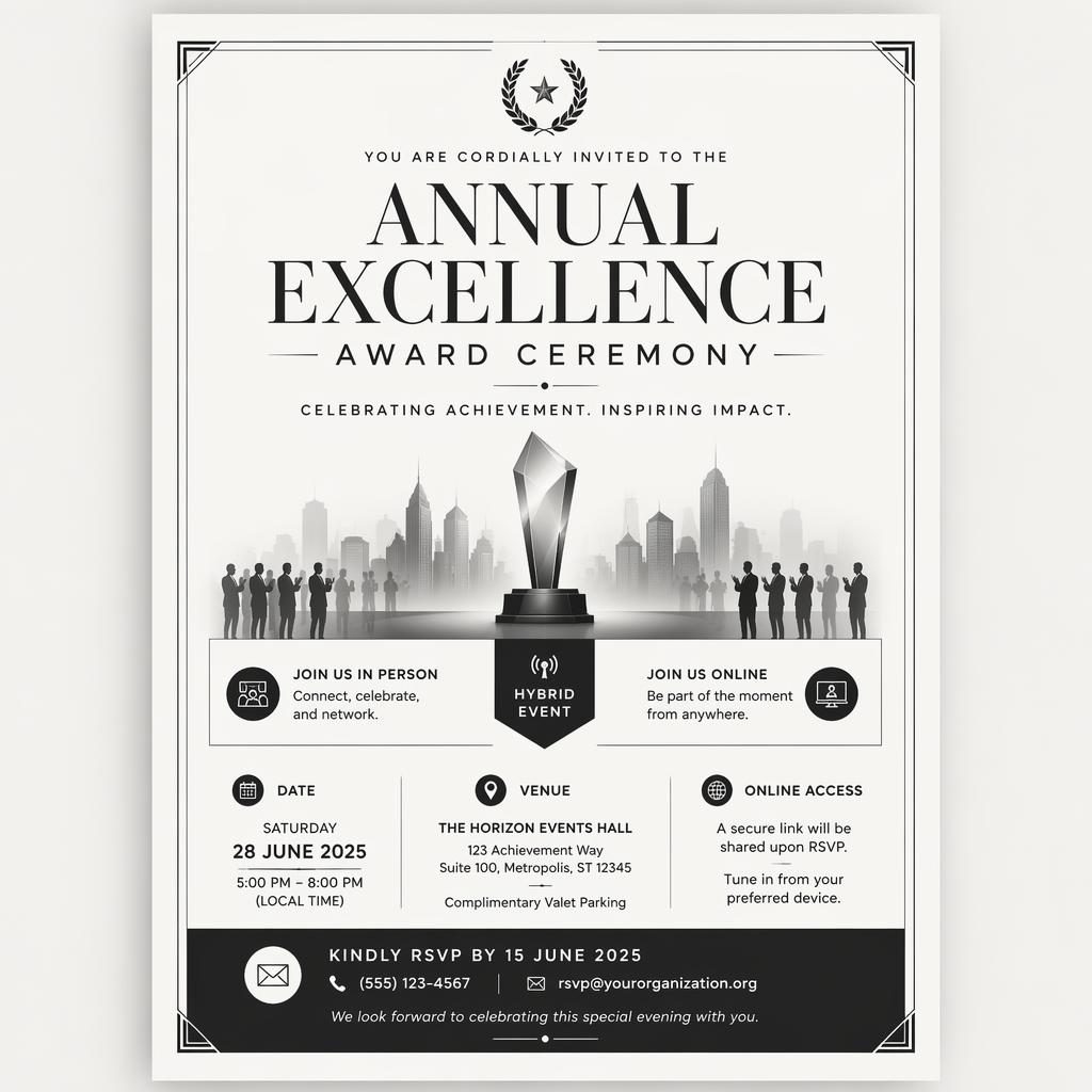 Minimal monochrome A5 portrait event invitation card for an award ceremony with elegant placeholder typography for name, date, venue, and RSVP.