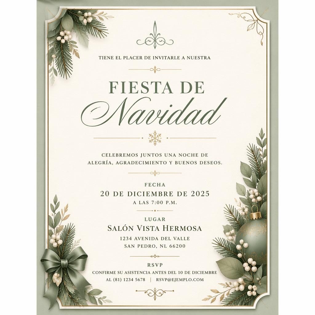 Tarjeta de invitación navideña formal en formato A5 vertical, tonos salvia y marfil, con tipografía elegante y marco sutil.