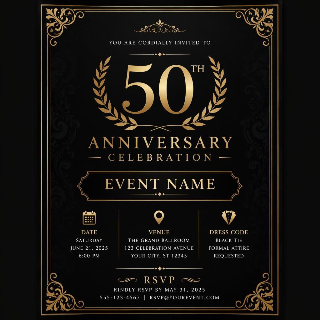 Black and gold A5 portrait anniversary invitation card with elegant typography, formal framing, and readable date, venue, and RSVP placeholders.