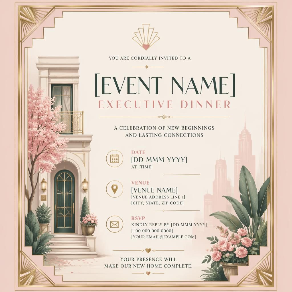 Art deco A5 portrait invitation card in pastel romantic tones with elegant placeholder typography for event name, date, venue, and RSVP.
