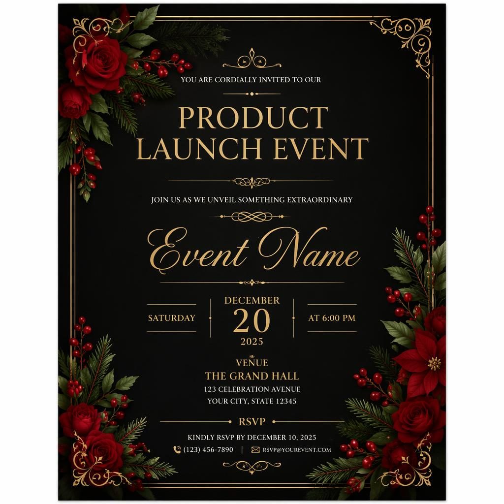 A5 portrait invitation card with elegant typography, black-tie formal styling, and a red and green holiday frame.