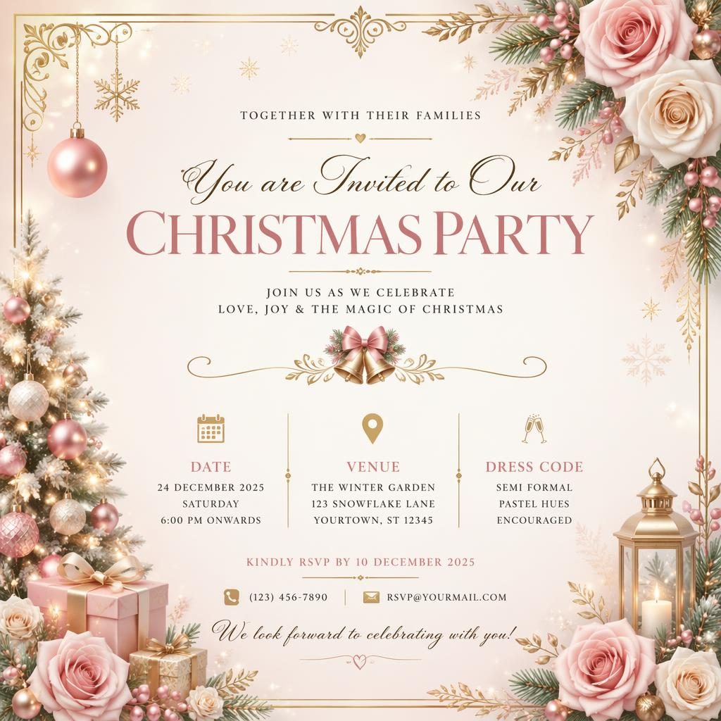 A5 portrait luxury invitation card with pastel romantic framing and elegant typography for event name, date, venue, and RSVP.
