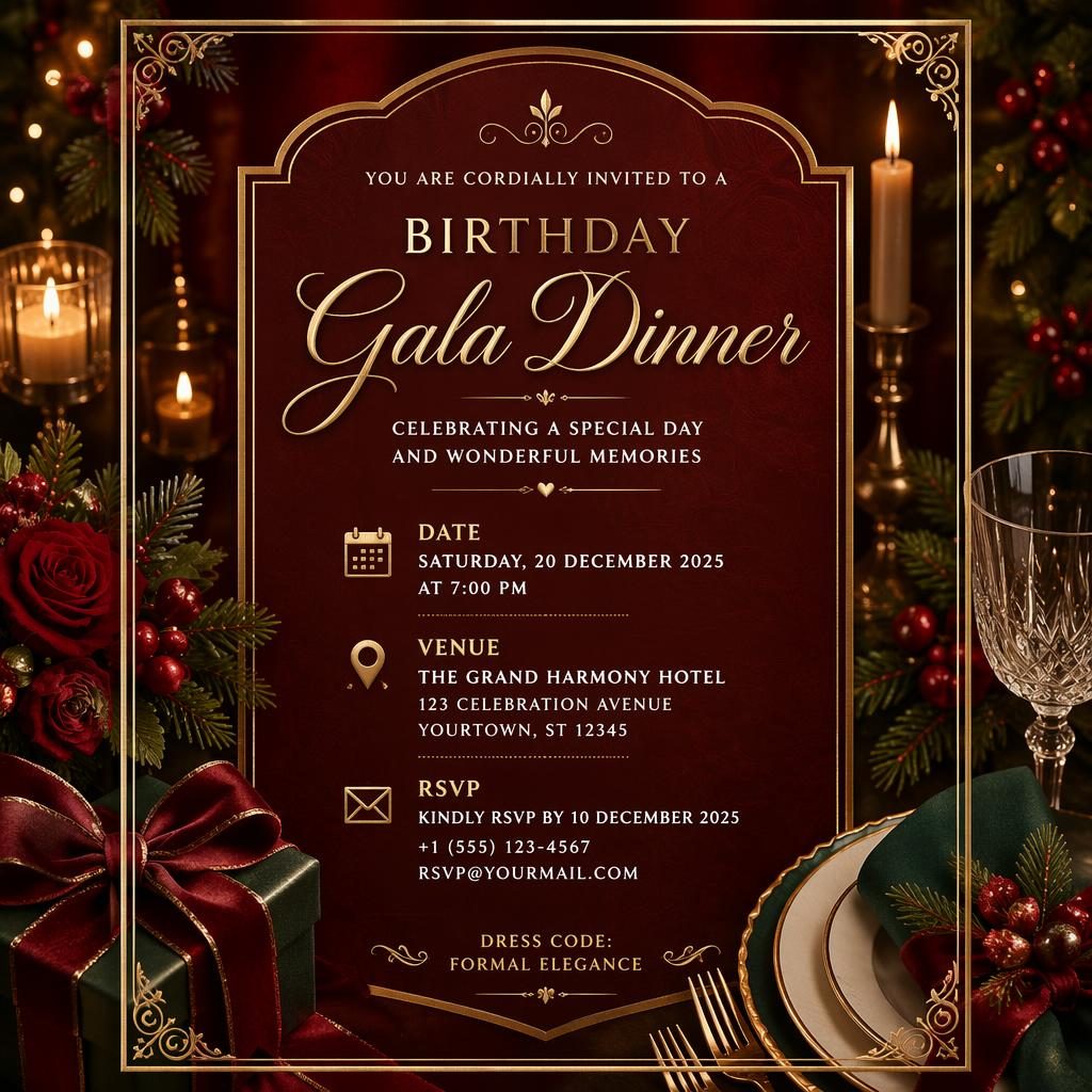 A5 portrait gala dinner invitation card in warm boutique red and green, with elegant placeholder typography for event details.