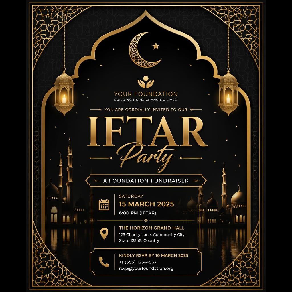 A5 portrait iftar invitation card in black and gold with sleek tech styling and elegant placeholder event details.