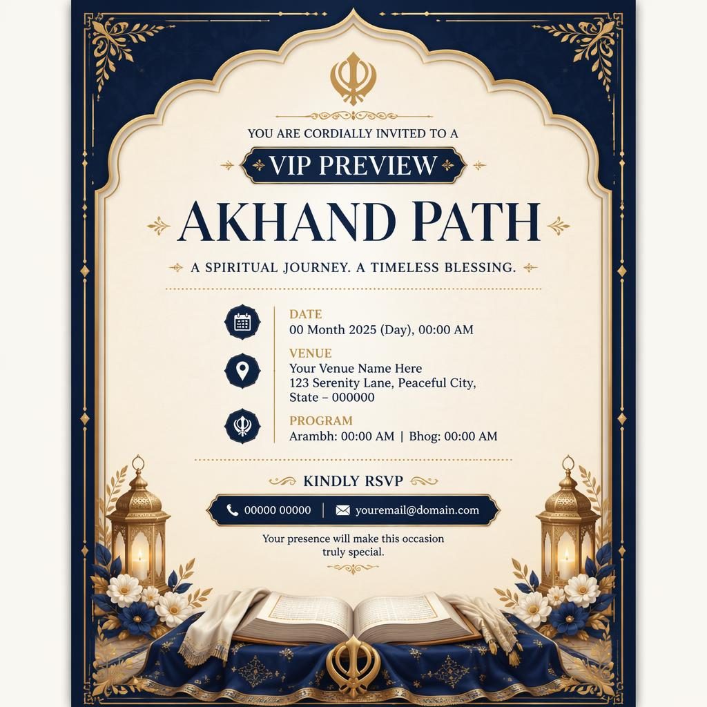 A5 portrait invitation card in cream and navy with elegant festive typography, framed layout, and readable event details.