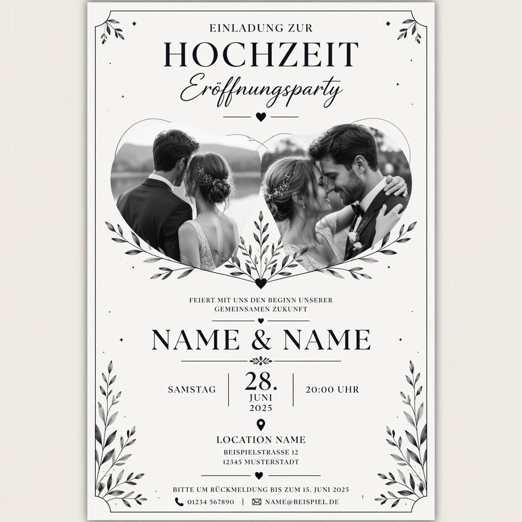 A5-Hochzeitseinladung im monochromen Feststil mit eleganter Typografie, Platzhaltern für Name, Datum, Ort und RSVP