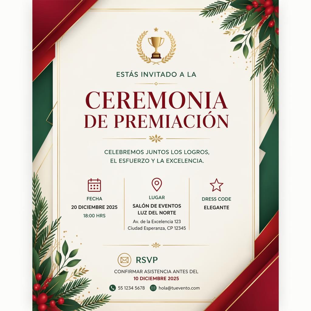 Tarjeta de invitación A5 vertical para premiación, estilo minimalista moderno en rojo y verde con tipografía elegante.