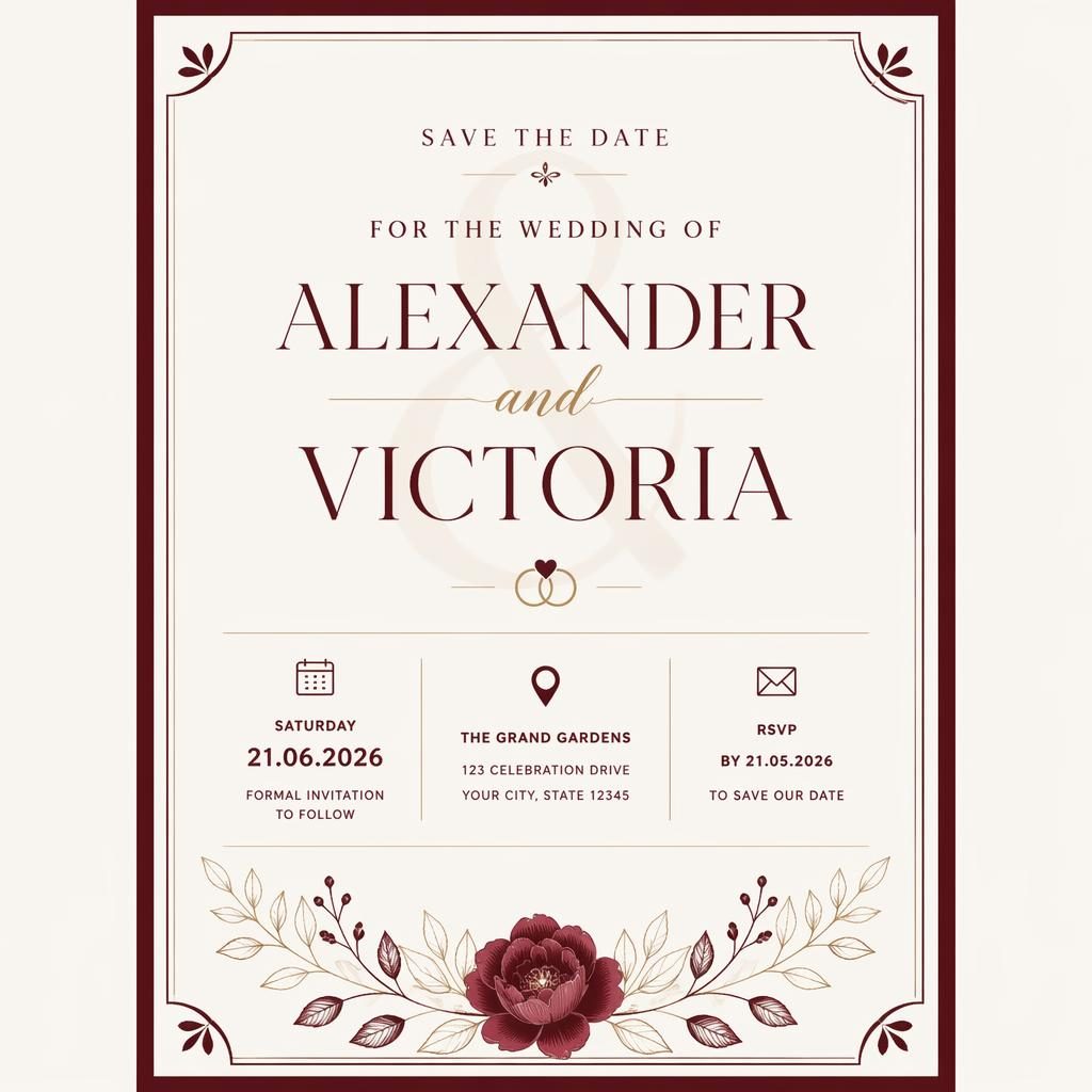 A5 portrait wedding invitation card in burgundy and cream with elegant typography for event name, date, venue, and RSVP.