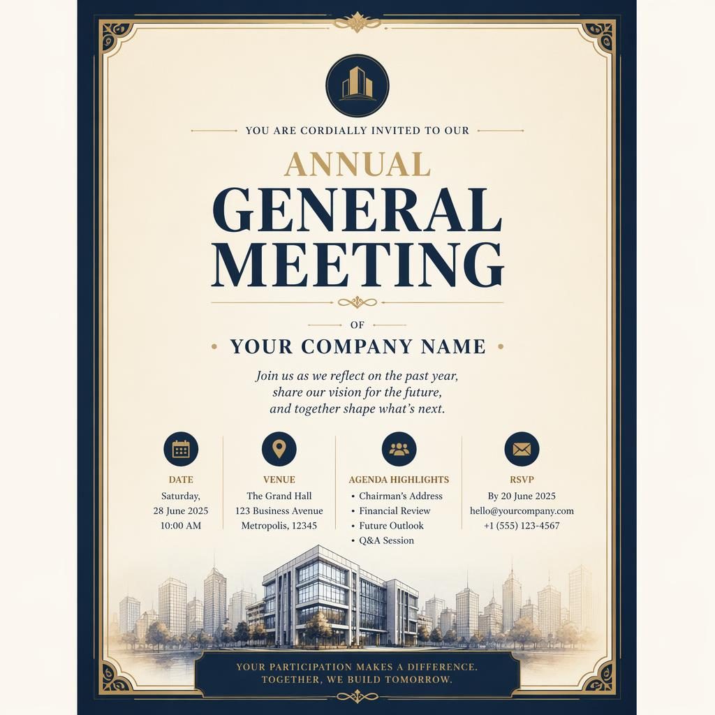 A5 portrait corporate invitation card in cream and navy with elegant typography for event name, date, venue, and RSVP.