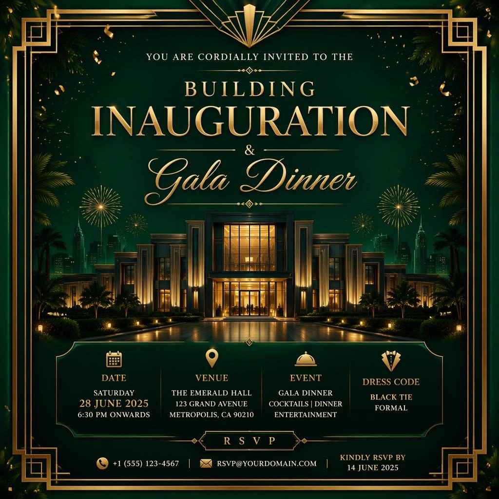A5 portrait gala dinner invitation card in emerald and gold art deco style with elegant readable placeholder details.