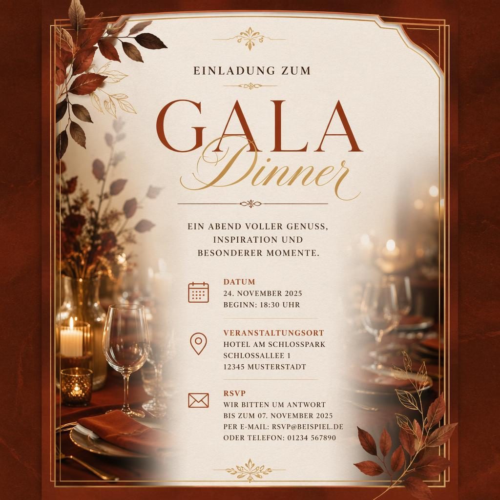 A5-Einladungskarte im Hochformat für ein Gala-Dinner in warmen Erd- und Rosttönen mit eleganter Typografie und Rahmen