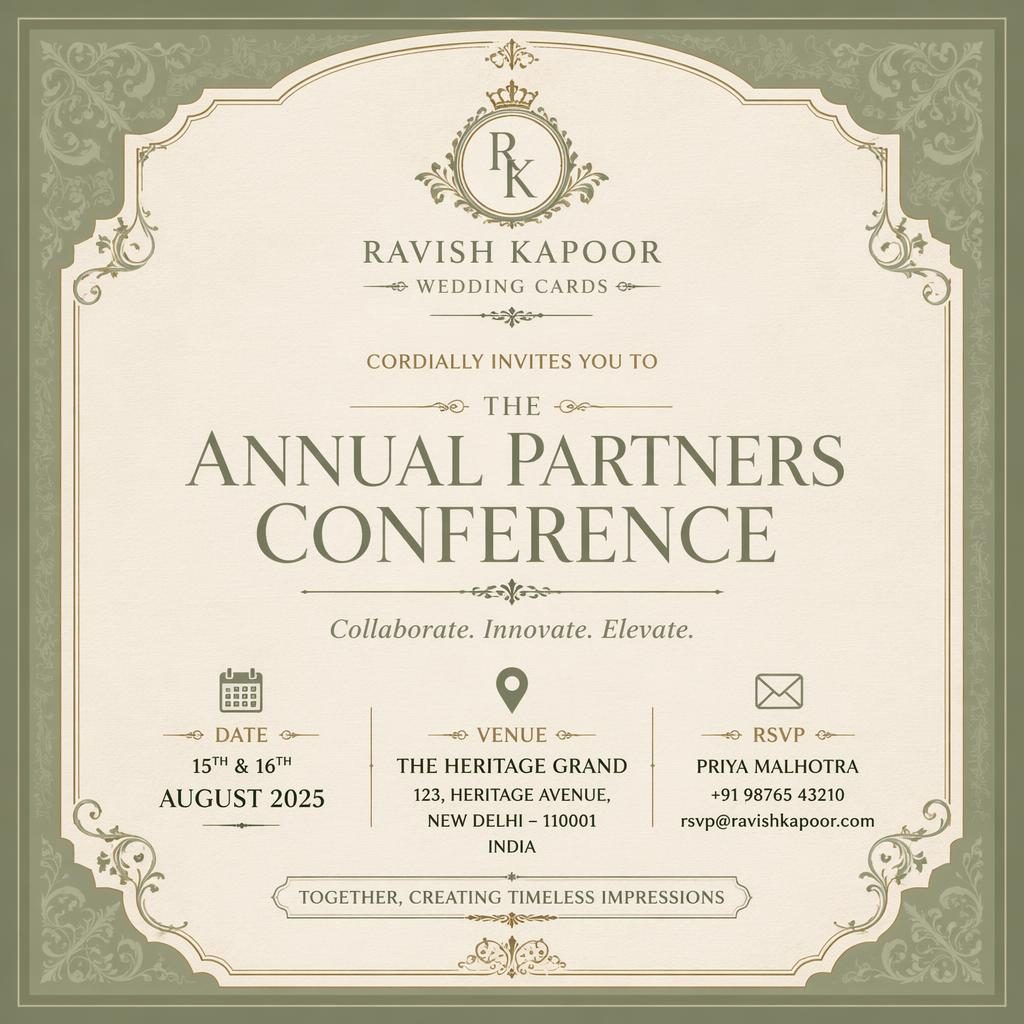 A5 portrait event invitation card in vintage classic style with sage and ivory palette, elegant typography, framed layout.
