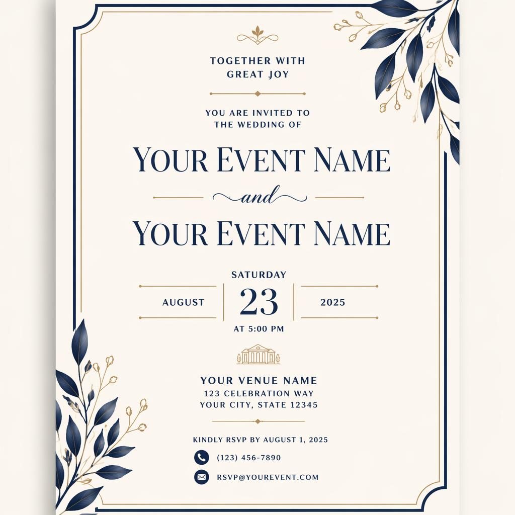 Modern minimal A5 portrait wedding invitation card in cream and navy with elegant typography and tasteful frame.