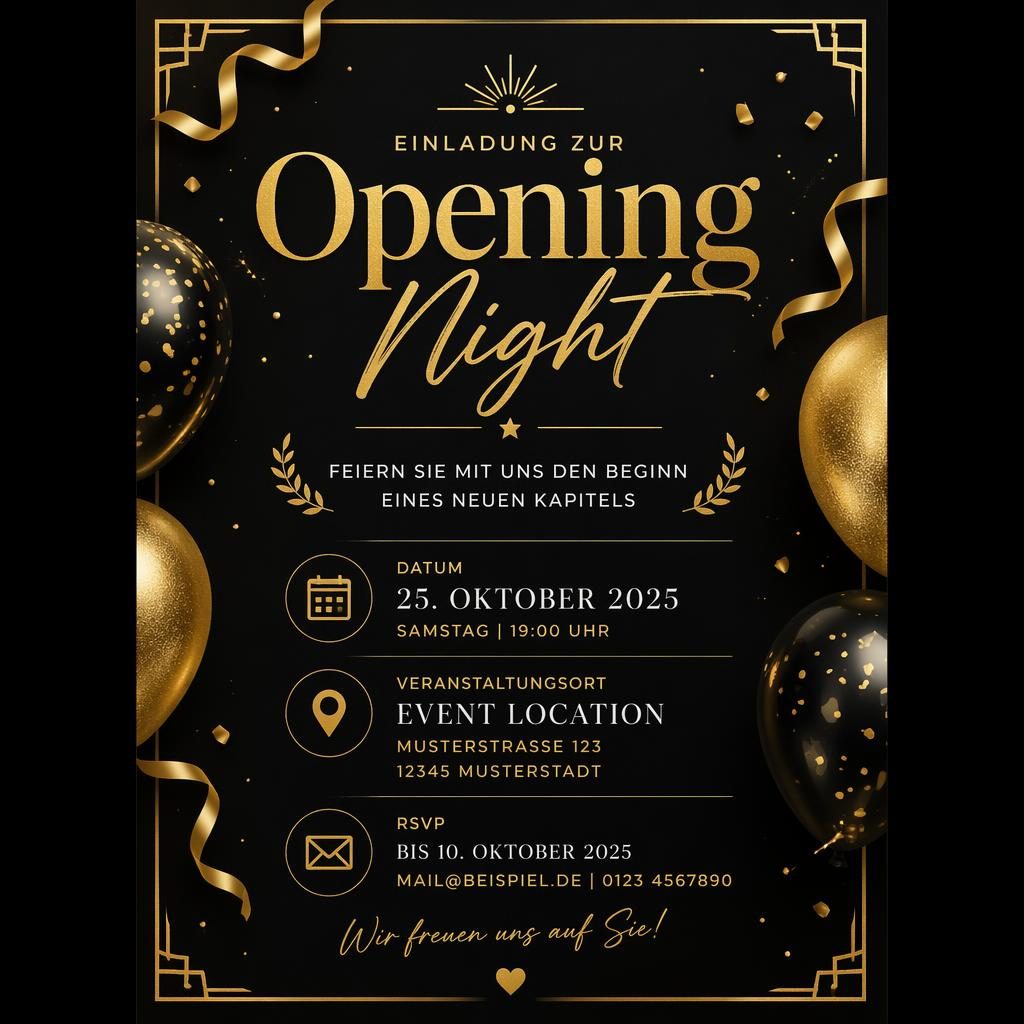 A5-Hochformat-Einladungskarte in Schwarz und Gold mit eleganter Typografie für Eventname, Datum, Venue und RSVP.