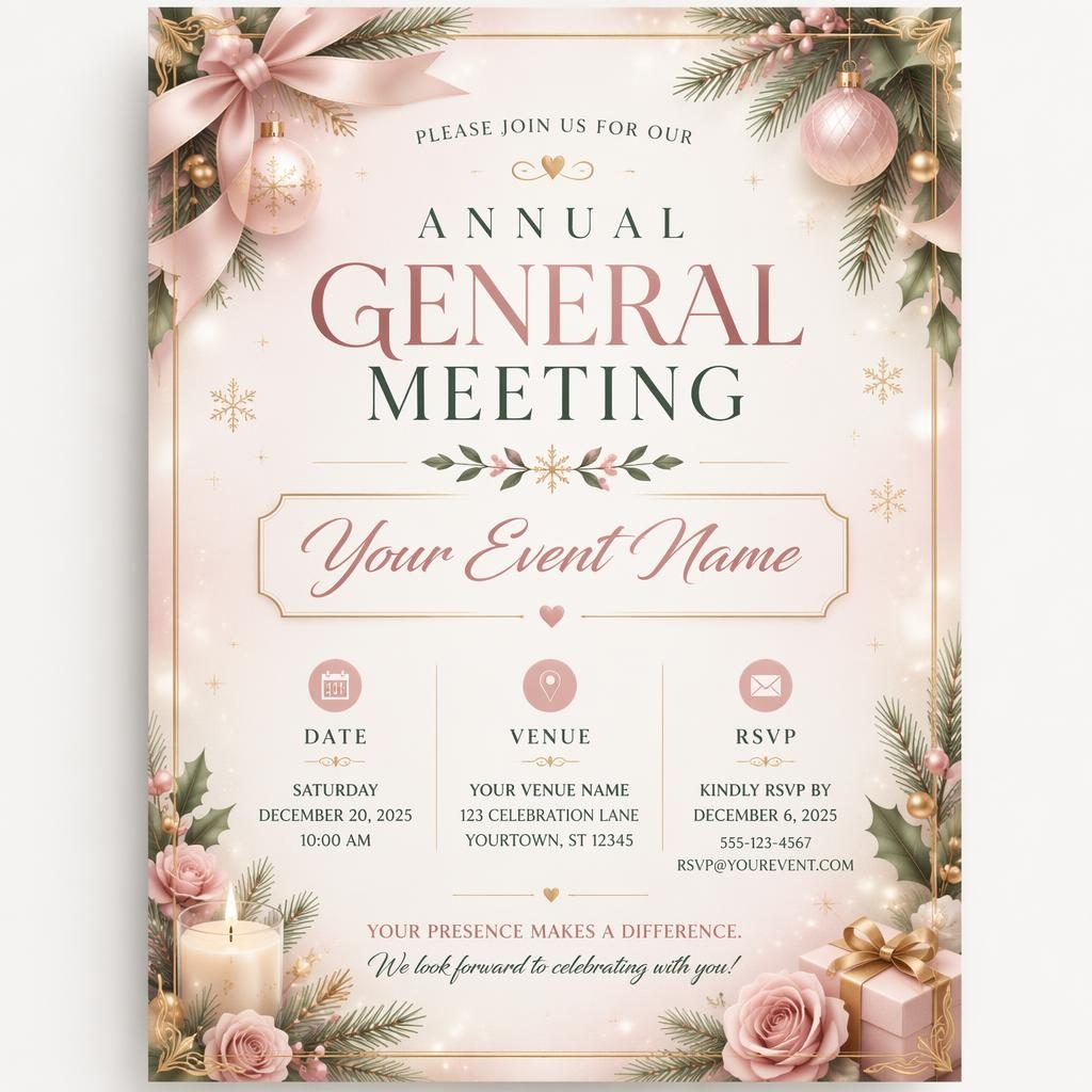 A5 portrait annual general meeting invitation card with pastel festive frame and elegant placeholder typography for date, venue, and RSVP.