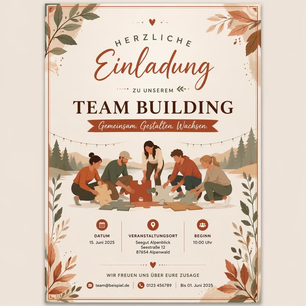 A5-Hochzeitseinladung im Hochformat mit eleganter Typografie, warmen Erd- und Rosttönen und dekorativem Rahmen