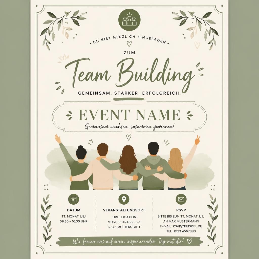A5-Eventeinladung im Hochformat in Salbei und Elfenbein mit eleganter Typografie für Name, Datum, Ort und RSVP