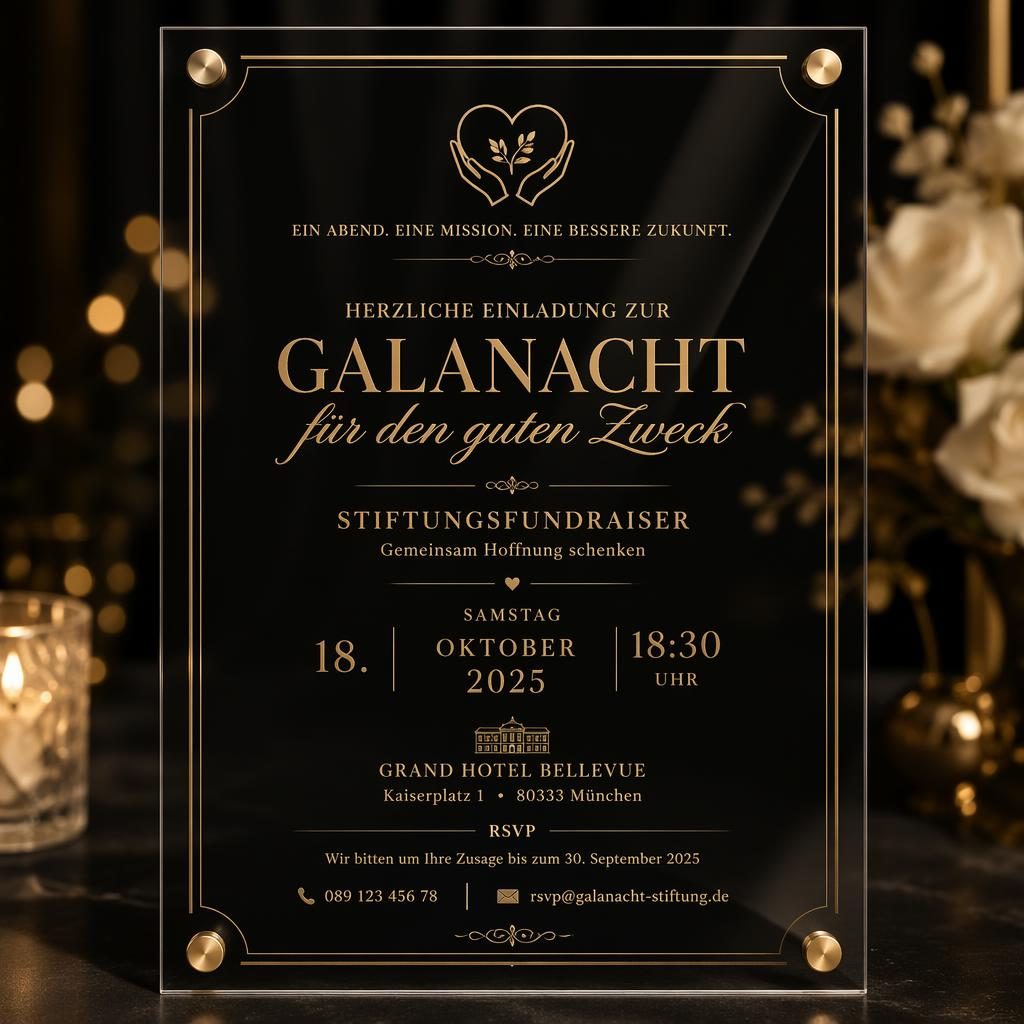 A5-Einladungskarte auf Acrylglas in Schwarz und Gold, elegante Typografie mit Platzhaltern für Name, Datum, Ort und RSVP