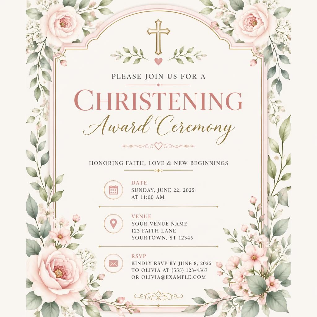 A5 portrait invitation card with botanical illustrations, pastel romantic colors, and elegant typography for event details.