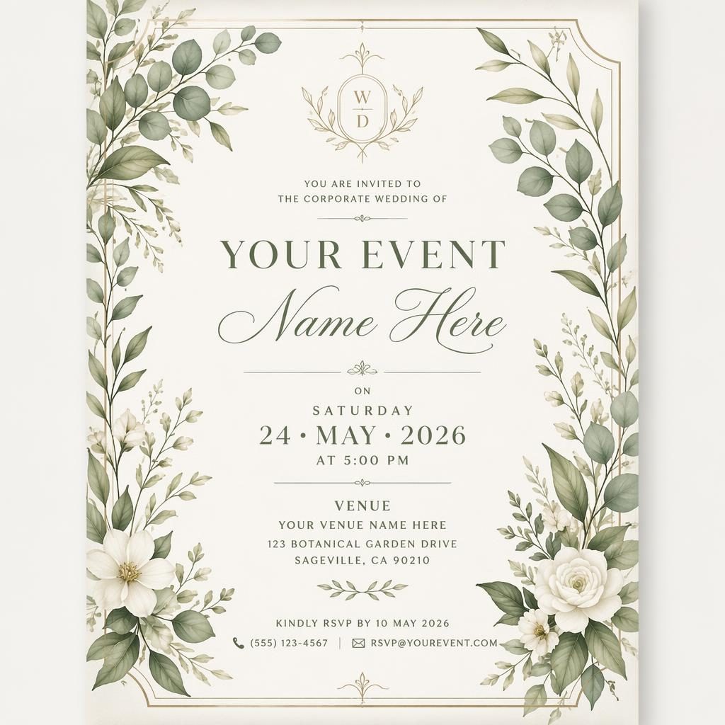 A5 portrait wedding invitation card with botanical illustrations in sage and ivory, elegant placeholder typography, and framed layout.