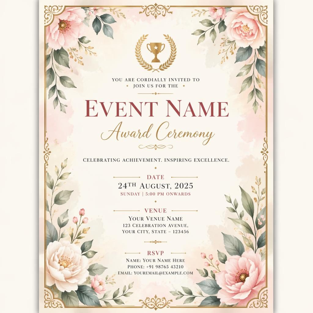 A5 portrait award ceremony invitation card with botanical illustrations, pastel romantic colors, and elegant placeholder text.
