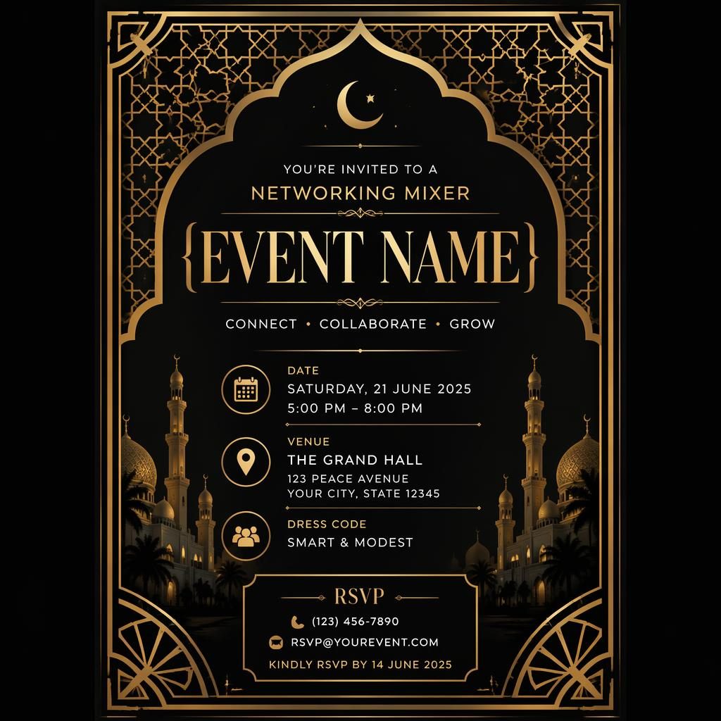 A5 portrait invitation card with art deco black and gold frame, elegant placeholder event name, date, venue, and RSVP.