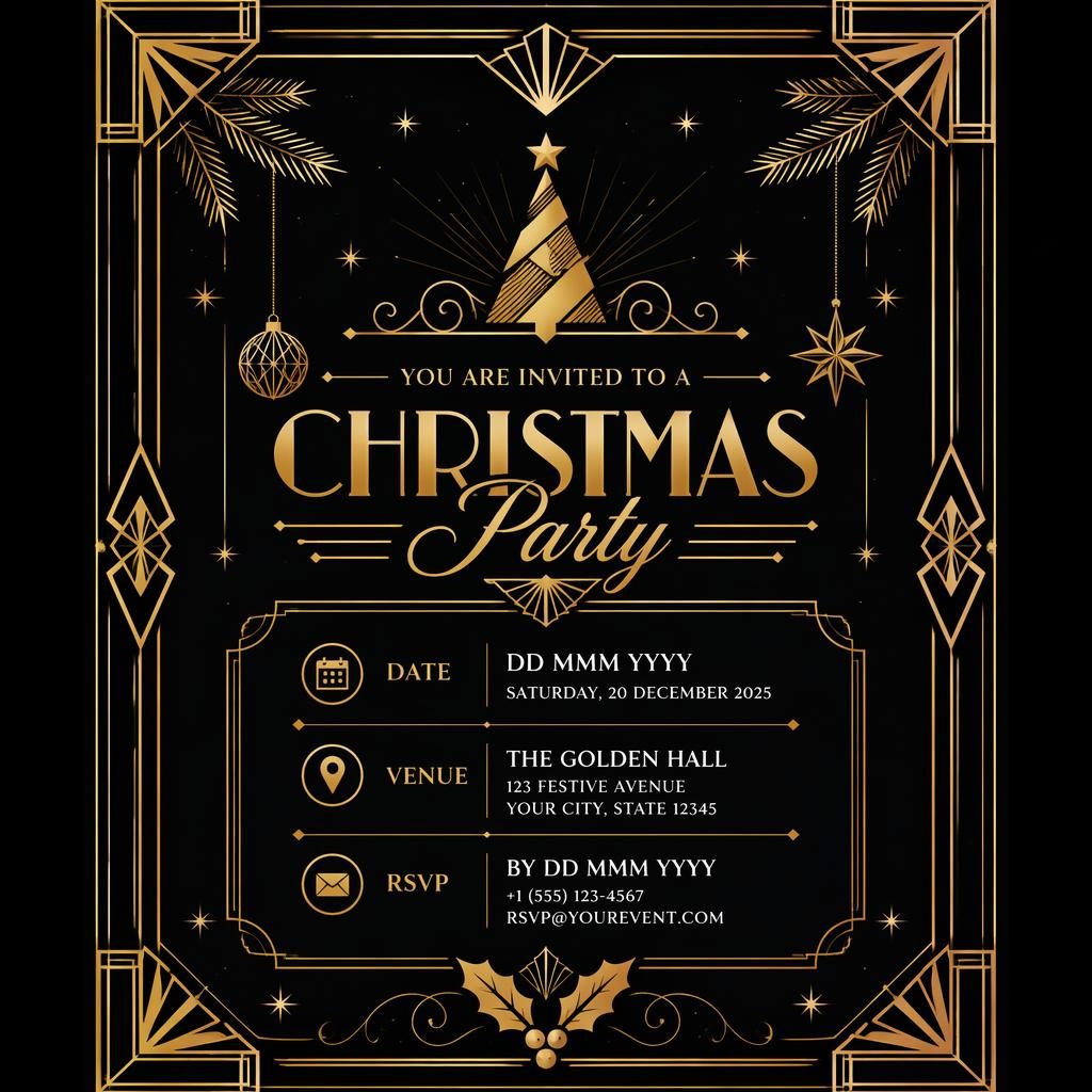 A5 portrait invitation card with black and gold art deco frame and elegant placeholder text for event name, date, venue, and RSVP.