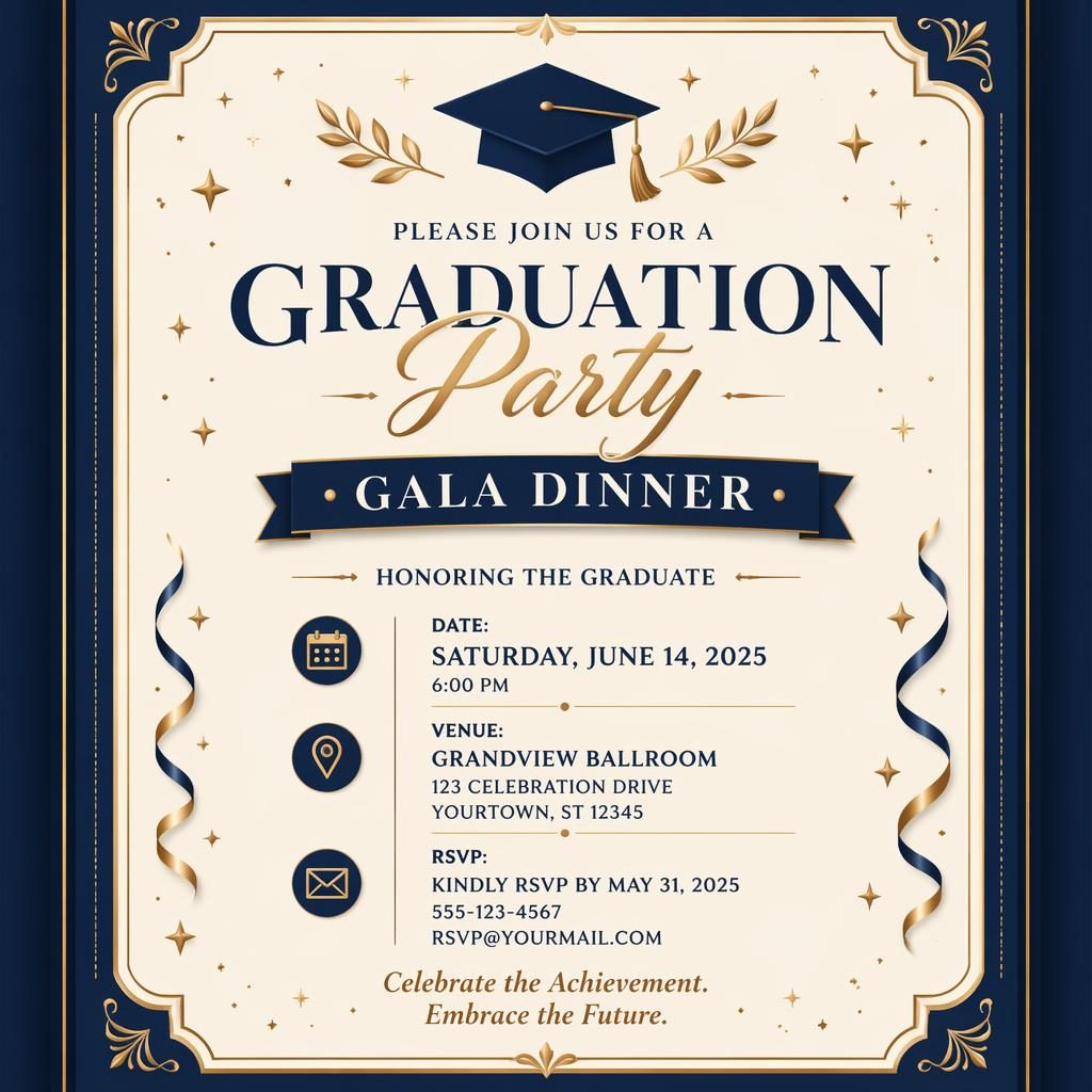 A5 portrait gala dinner invitation card in cream and navy with elegant typography, festive border, and readable event details.