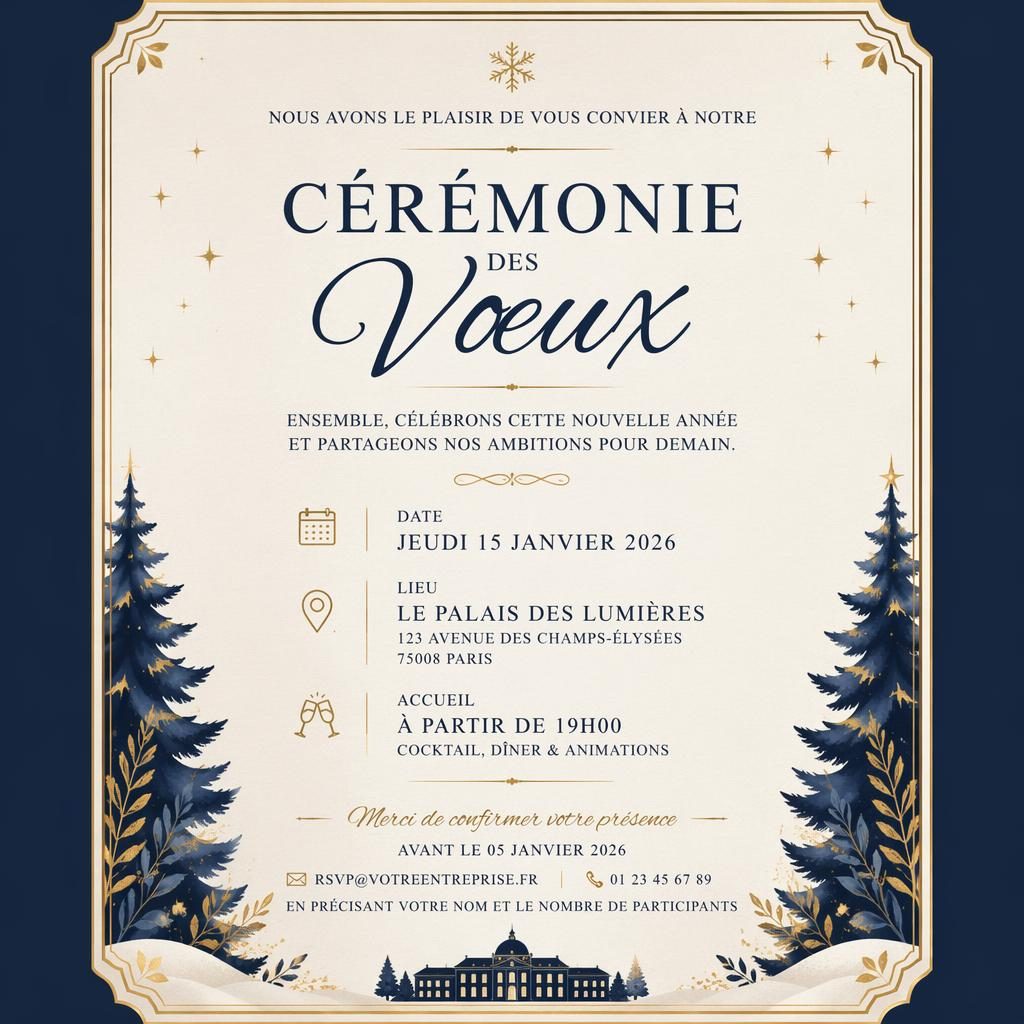 Carte d’invitation A5 portrait crème et bleu marine, style black-tie, avec typographie élégante pour nom, date, lieu et RSVP.
